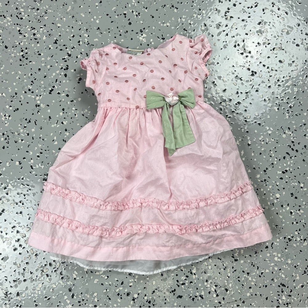 Laura Ashley Pink Polka Dot Kids Dress with Green Bow 12 months